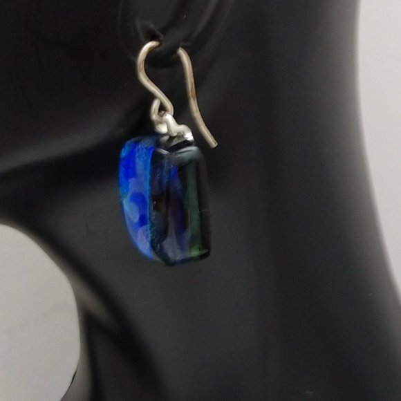Hand Made Blue and Black Dangle Earrings With Dichroic Square Glass Beads - Picture 9 of 16